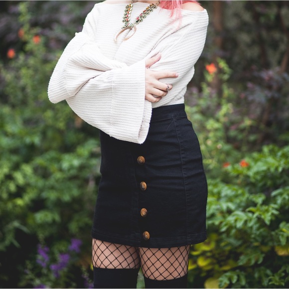 Free People Black Side Button Mini Skirt - Picture 2 of 8